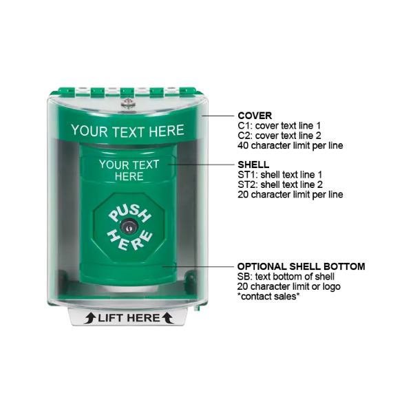 Custom Labeling, Buttons With Universal Stopper Surface, Key To Reset, Green, SS2170ZA-EN