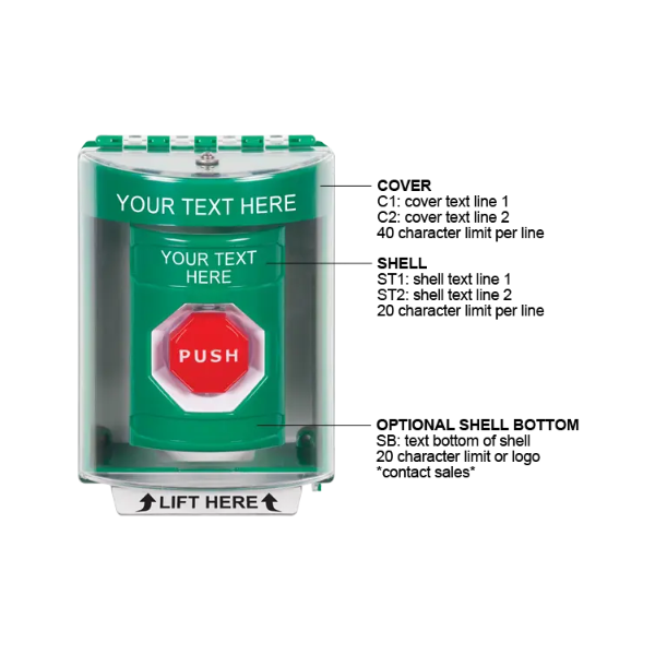 Custom Labeling, Buttons With Universal Stopper Surface, Turn To Reset, Green, SS2171ZA-EN