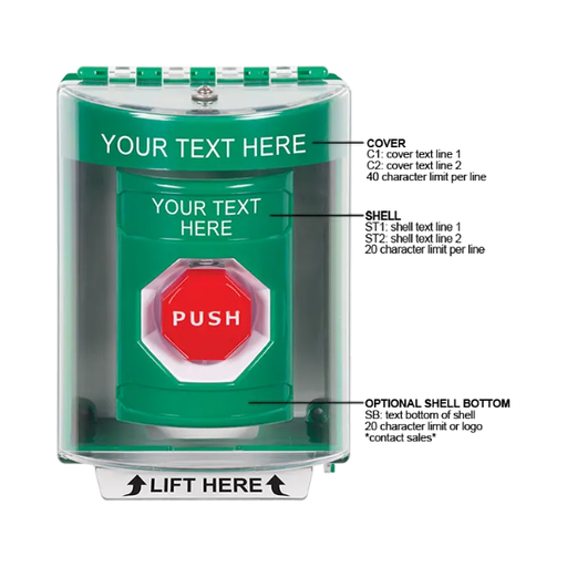Custom Labeling, Buttons With Universal Stopper Surface, Key To Reset Illuminated, Green, SS2172ZA-EN