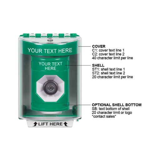 Custom Labeling, Buttons With Universal Stopper Surface, Key To Activate, Green, SS2173ZA-EN