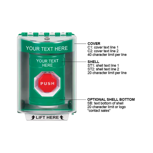 Custom Labeling, Buttons With Universal Stopper Surface, Momentary Illuminated, Green, SS2175ZA-EN