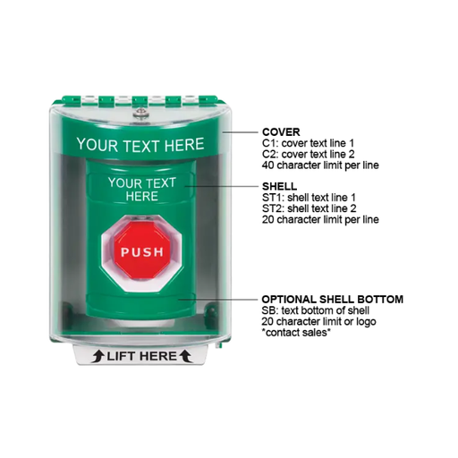 Custom Labeling, Buttons With Universal Stopper Surface, Pneumatic Illuminated, Green, SS2178ZA-EN