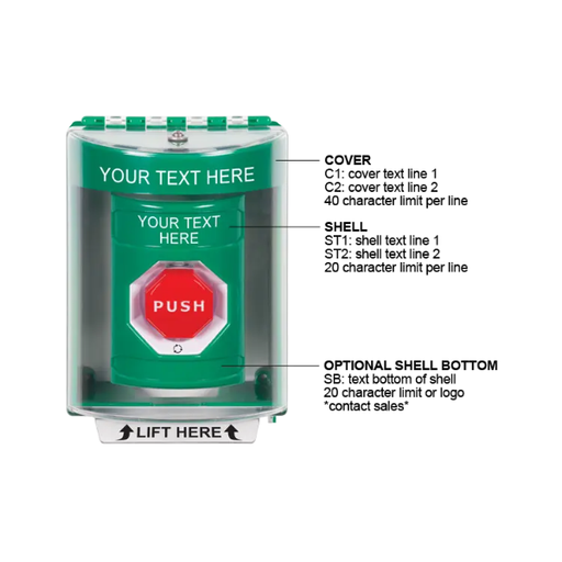 Custom Labeling, Buttons With Universal Stopper Surface, Turn To Reset Illuminated, Green, SS2179ZA-EN