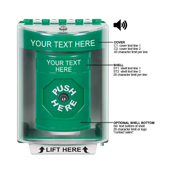 Custom Labeling, Buttons With Universal Stopper Surface With Horn, Key To Reset, Green, SS2180ZA-EN