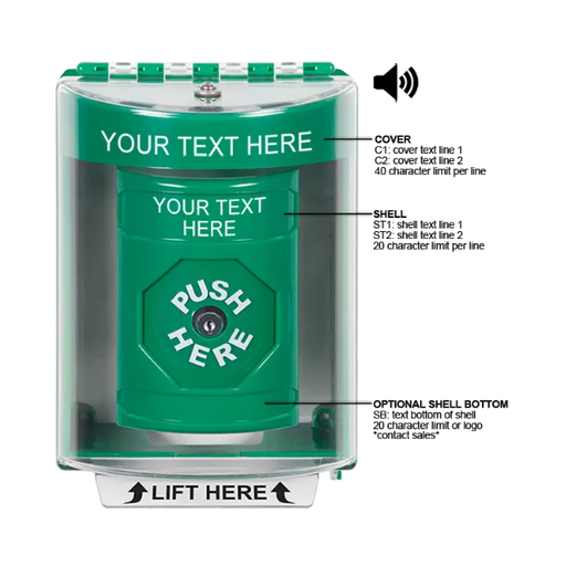 Custom Labeling, Buttons With Universal Stopper Surface With Horn, Key To Reset, Green, SS2180ZA-EN