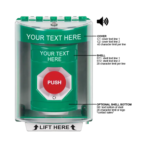 Custom Labeling, Buttons With Universal Stopper Surface With Horn, Turn To Reset, Green, SS2181ZA-EN