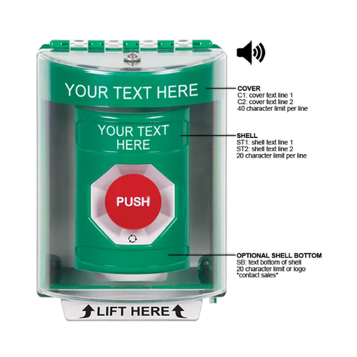 Custom Labeling, Buttons With Universal Stopper Surface With Horn, Turn To Reset, Green, SS2181ZA-EN