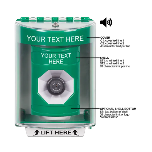 Custom Labeling, Buttons With Universal Stopper Surface With Horn, Key To Activate, Green, SS2183ZA-EN