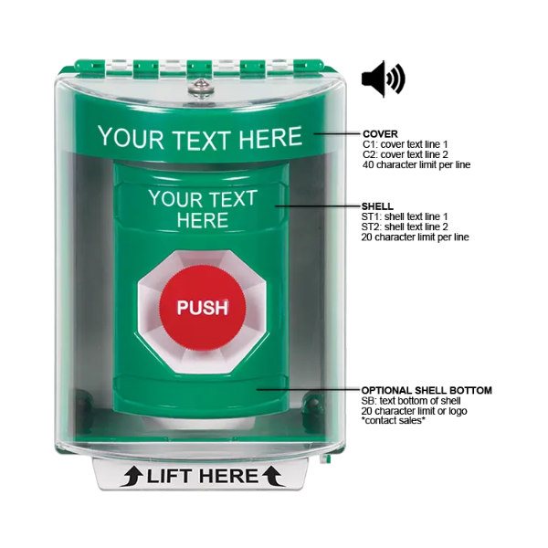 Custom Labeling, Buttons With Universal Stopper Surface With Horn, Momentary, Green, SS2184ZA-EN