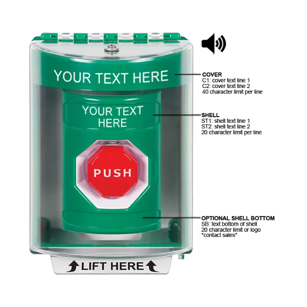 Custom Labeling, Buttons With Universal Stopper Surface With Horn, Momentary Illuminated, Green, SS2185ZA-EN
