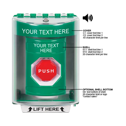 Custom Labeling, Buttons With Universal Stopper Surface With Horn, Momentary Illuminated, Green, SS2185ZA-EN