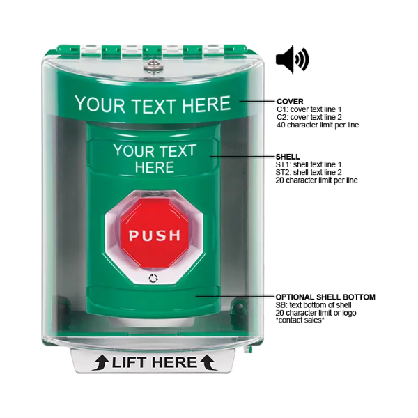 Custom Labeling, Buttons With Universal Stopper Surface With Horn, Turn To Reset Illuminated, Green, SS2189ZA-EN