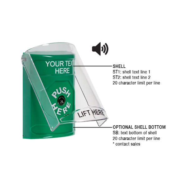 Custom Labeling, Buttons With Shield And Shield Sound, Key To Reset, Green, SS21A0ZA-EN