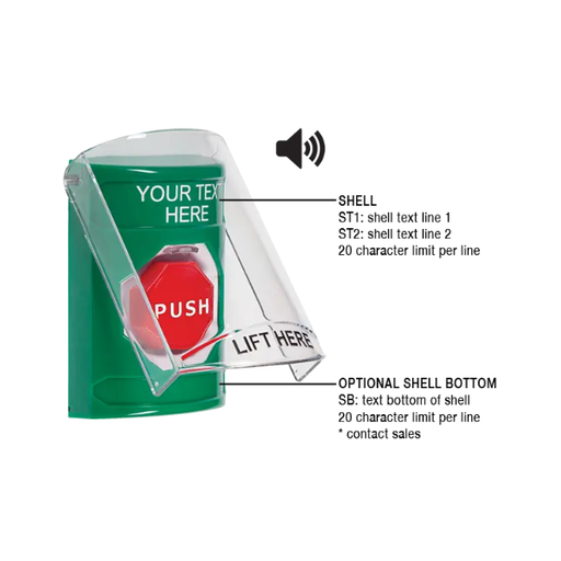 Custom Labeling, Buttons With Shield And Shield Sound, Key To Reset Illuminated, Green, SS21A2ZA-EN