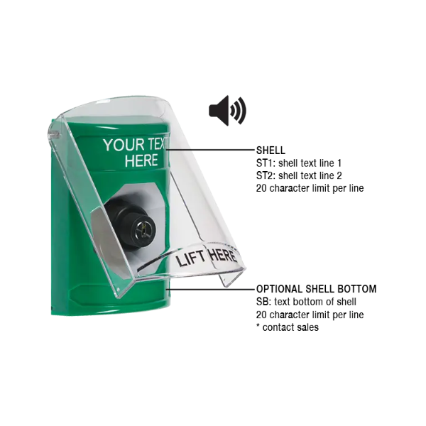 Custom Labeling, Buttons With Shield And Shield Sound, Key To Activate, Green, SS21A3ZA-EN