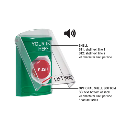 Custom Labeling, Buttons With Shield And Shield Sound, Momentary, Green, SS21A4ZA-EN