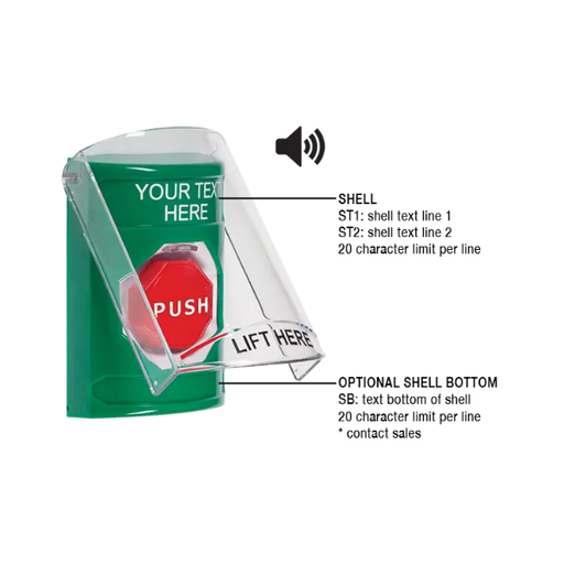 Custom Labeling, Buttons With Shield And Shield Sound, Pneumatic Illuminated, Green, SS21A8ZA-EN