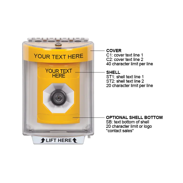 Custom Labeling, Buttons With Universal Stopper Flush, Key To Activate, Yellow, SS2233ZA-EN