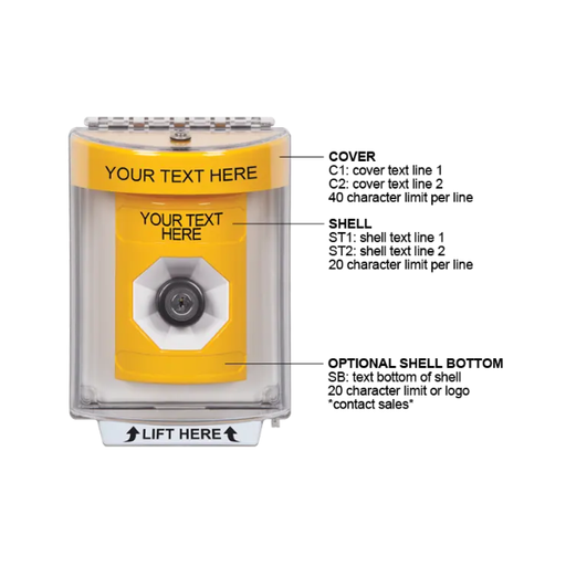 Custom Labeling, Buttons With Universal Stopper Flush, Key To Activate, Yellow, SS2233ZA-EN