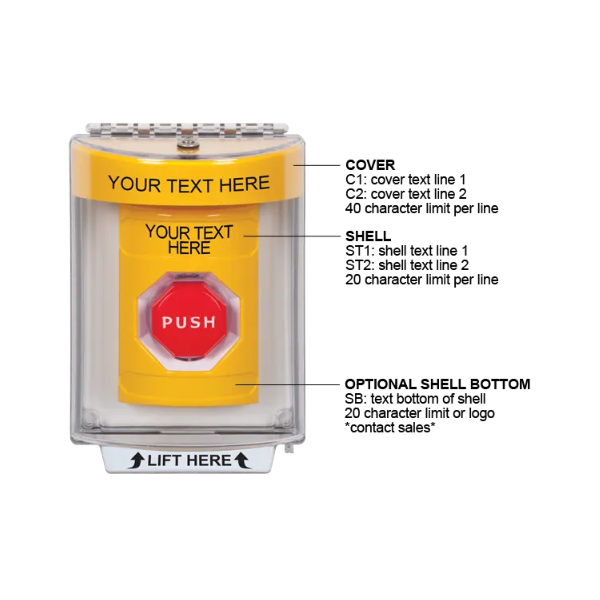 Custom Labeling, Buttons With Universal Stopper Flush, Momentary Illuminated, Yellow, SS2235ZA-EN