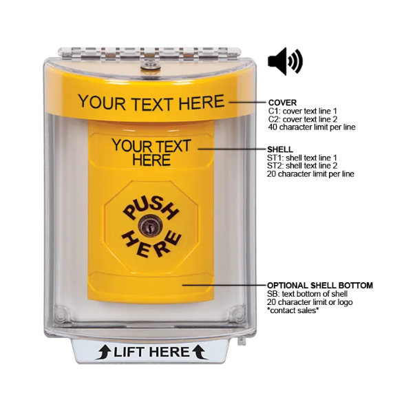 Custom Labeling, Buttons With Universal Stopper Flush With Horn, Key To Reset, Yellow, SS2240ZA-EN