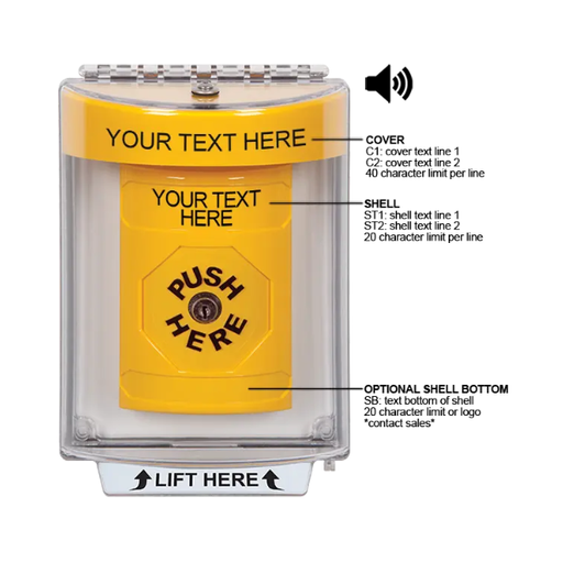 Custom Labeling, Buttons With Universal Stopper Flush With Horn, Key To Reset, Yellow, SS2240ZA-EN