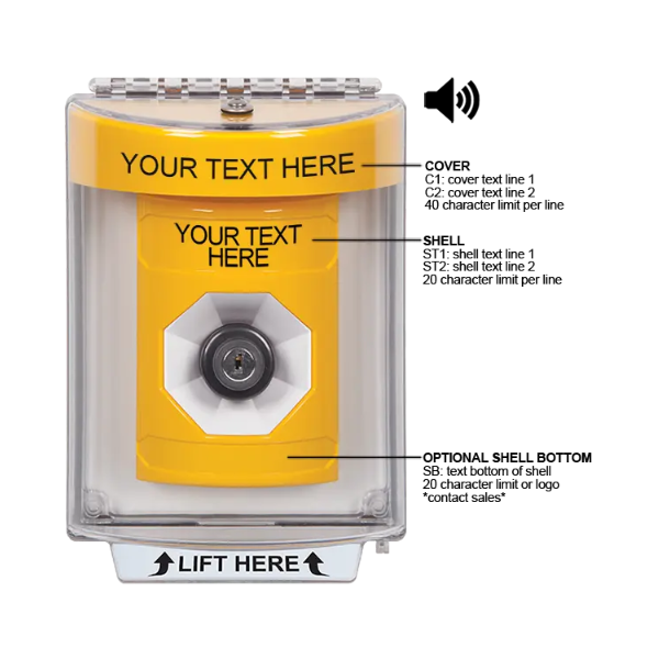 Custom Labeling, Buttons With Universal Stopper Flush With Horn, Key To Activate, Yellow, SS2243ZA-EN