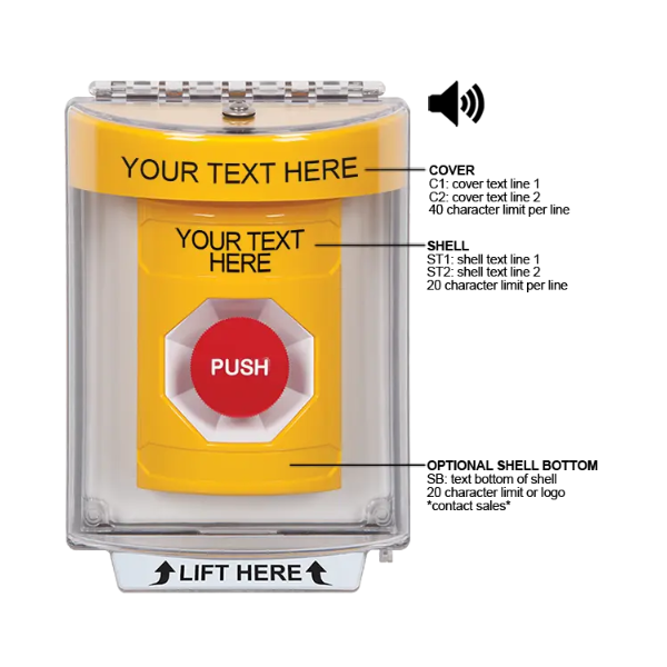 Custom Labeling, Buttons With Universal Stopper Flush With Horn, Momentary, Yellow, SS2244ZA-EN