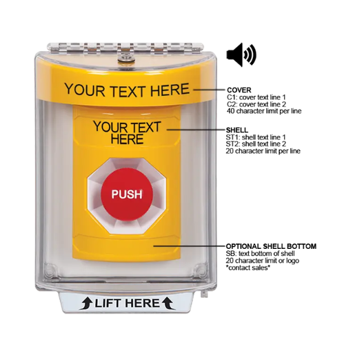 Custom Labeling, Buttons With Universal Stopper Flush With Horn, Momentary, Yellow, SS2244ZA-EN