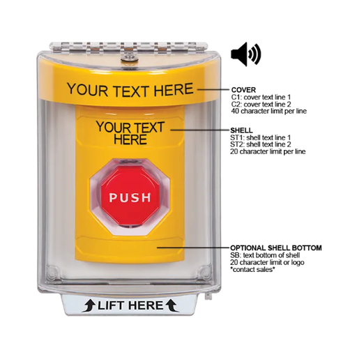 Custom Labeling, Buttons With Universal Stopper Flush With Horn, Momentary Illuminated, Yellow, SS2245ZA-EN