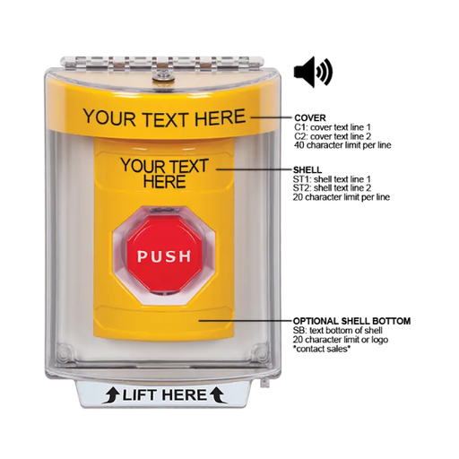 Custom Labeling, Buttons With Universal Stopper Flush With Horn, Pneumatic Illuminated, Yellow, SS2248ZA-EN
