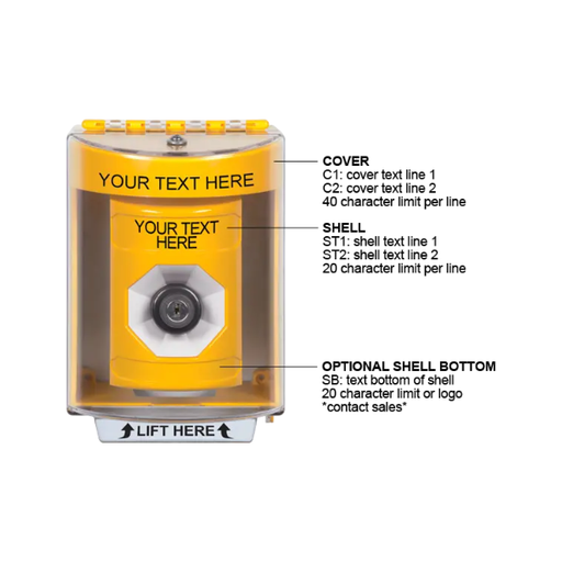 Custom Labeling, Buttons With Universal Stopper Surface, Key To Activate, Yellow, SS2273ZA-EN