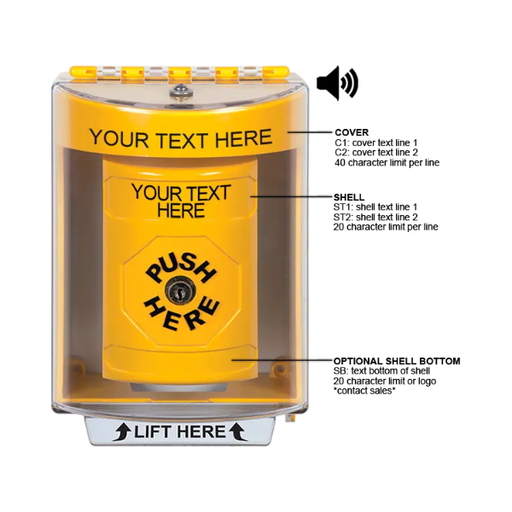 Custom Labeling, Buttons With Universal Stopper Surface With Horn, Key To Reset, Yellow, SS2280ZA-EN