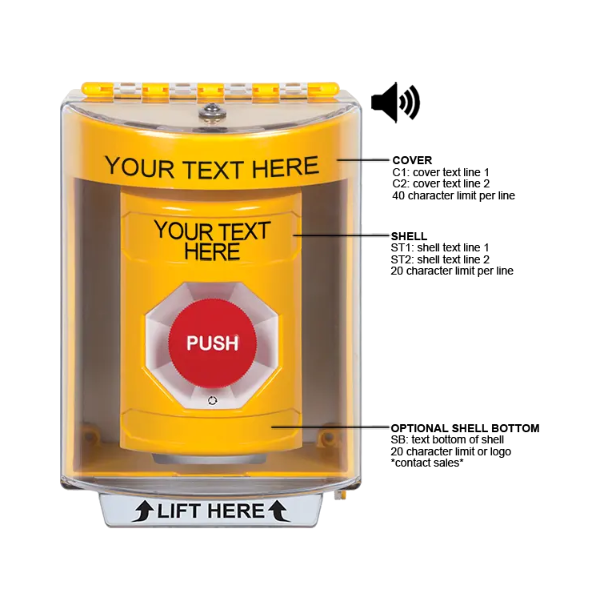 Custom Labeling, Buttons With Universal Stopper Surface With Horn, Turn To Reset, Yellow, SS2281ZA-EN
