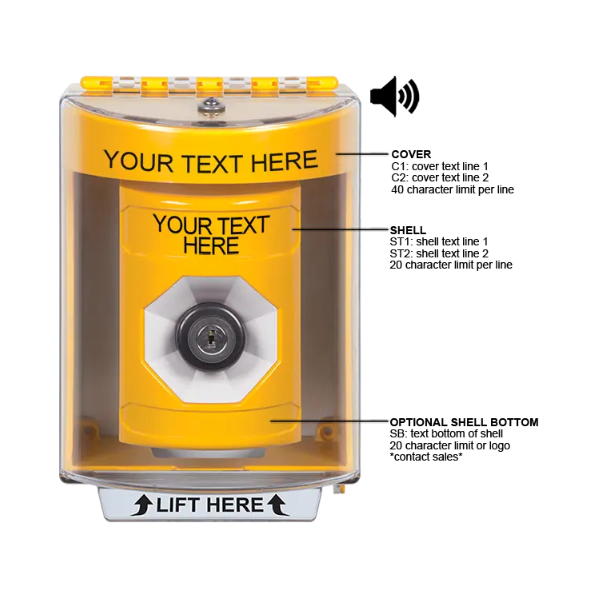 Custom Labeling, Buttons With Universal Stopper Surface With Horn, Key To Activate, Yellow, SS2283ZA-EN