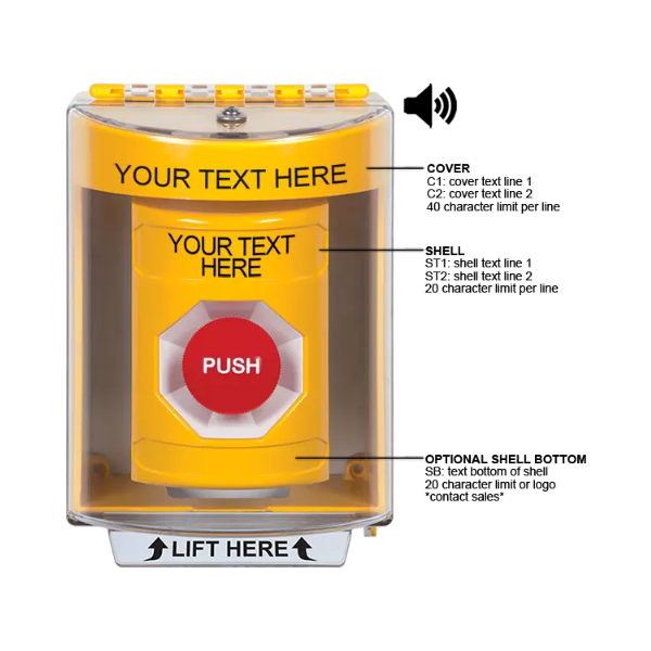 Custom Labeling, Buttons With Universal Stopper Surface With Horn, Momentary, Yellow, SS2284ZA-EN