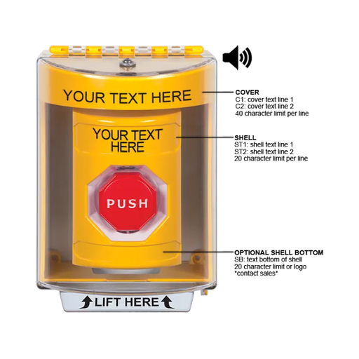 Custom Labeling, Buttons With Universal Stopper Surface With Horn, Momentary Illuminated, Yellow, SS2285ZA-EN