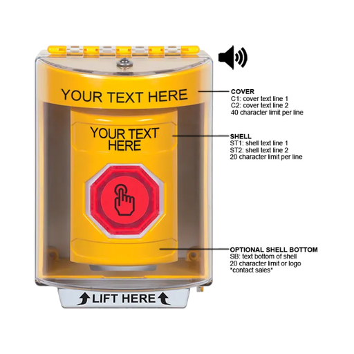 Custom Labeling, Buttons With Universal Stopper Surface With Horn, Weather Resistant Momentary Button, Yellow, SS2287ZA-EN