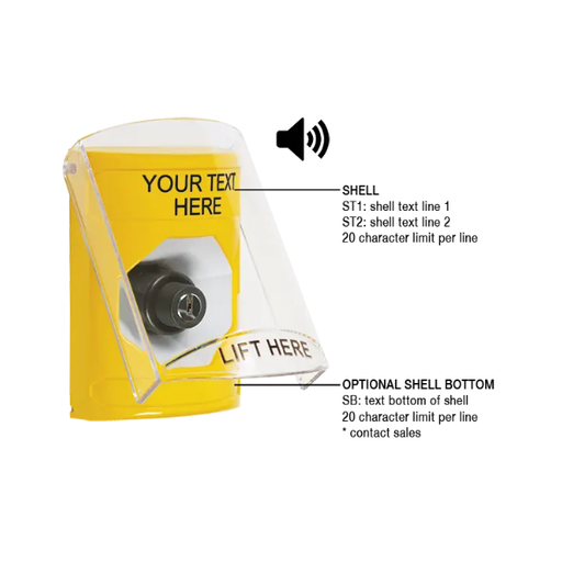 Custom Labeling, Buttons With Shield And Shield Sound, Key To Activate, Yellow, SS22A3ZA-EN