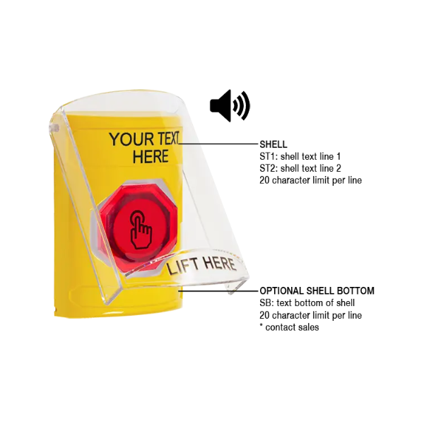 Custom Labeling, Buttons With Shield And Shield Sound, Weather Resistant Momentary Button, Yellow, SS22A7ZA-EN