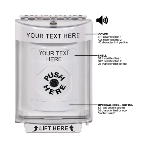 Custom Labeling, Buttons With Universal Stopper Flush With Horn, Key To Reset, White, SS2340ZA-EN