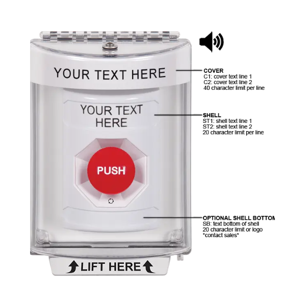 Custom Labeling, Buttons With Universal Stopper Flush With Horn, Turn To Reset, White, SS2341ZA-EN