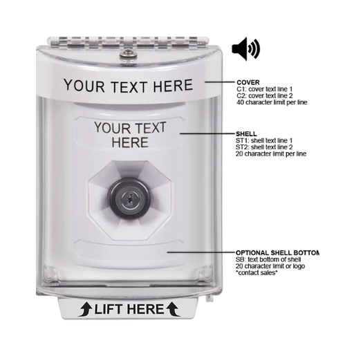 Custom Labeling, Buttons With Universal Stopper Flush With Horn, Key To Activate, White, SS2343ZA-EN