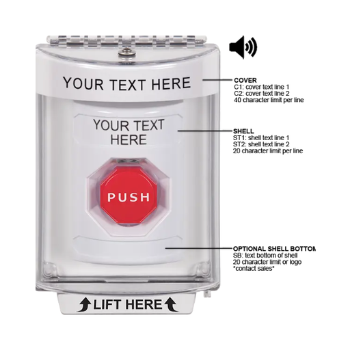 Custom Labeling, Buttons With Universal Stopper Flush With Horn, Momentary Illuminated, White, SS2345ZA-EN