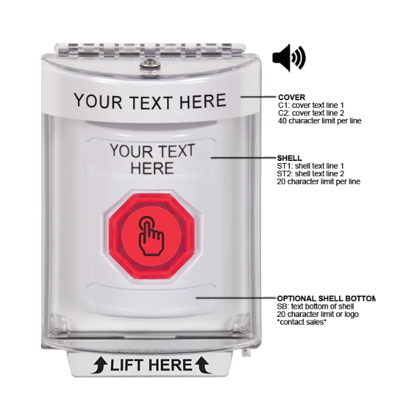 Custom Labeling, Buttons With Universal Stopper Flush With Horn, Momentary Illuminated Button, White, SS2346ZA-EN