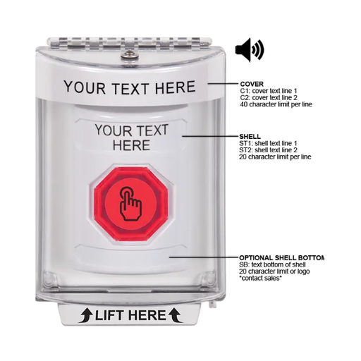 Custom Labeling, Buttons With Universal Stopper Flush With Horn, Momentary Illuminated Button, White, SS2346ZA-EN