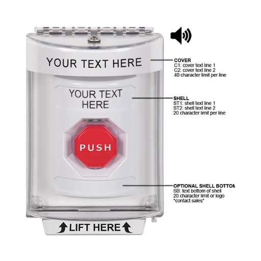 Custom Labeling, Buttons With Universal Stopper Flush With Horn, Pneumatic Illuminated, White, SS2348ZA-EN