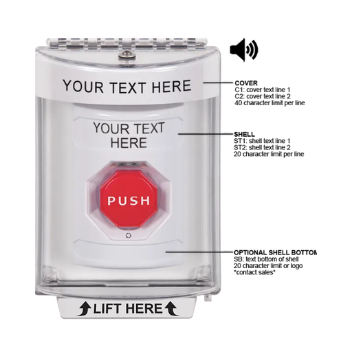 Custom Labeling, Buttons With Universal Stopper Flush With Horn, Turn To Reset Illuminated, White, SS2349ZA-EN