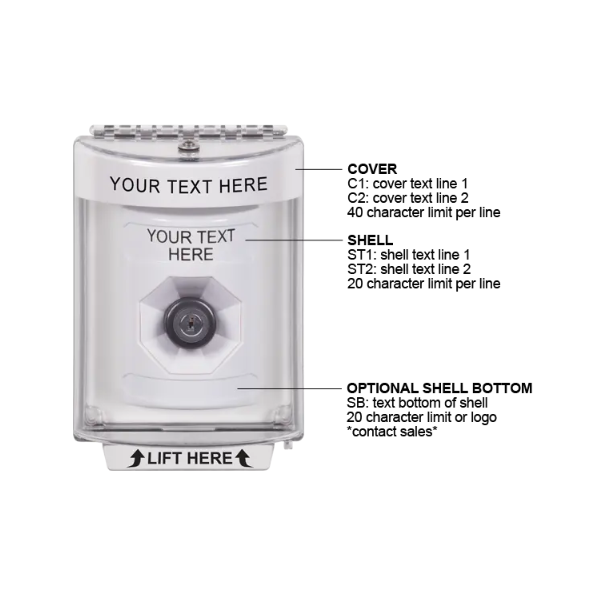 Custom Labeling, Buttons With Universal Stopper Surface, Key To Activate, White, SS2373ZA-EN