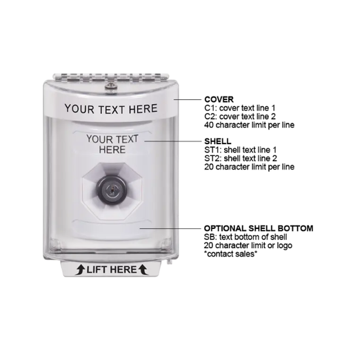 Custom Labeling, Buttons With Universal Stopper Surface, Key To Activate, White, SS2373ZA-EN